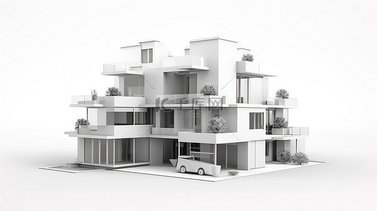 白色背景下的白色现代公寓模型的