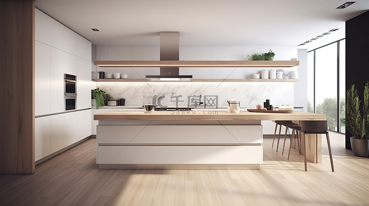 木地板上 3D 渲染的现代厨房设计
