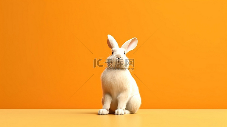橙色背景与 3d 渲染单色兔子