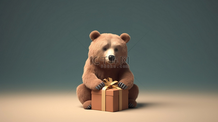 可爱的棕熊，带着礼品盒，呈现令
