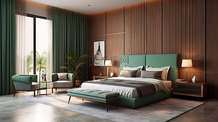绿洲 3D 渲染木质床头板卧室