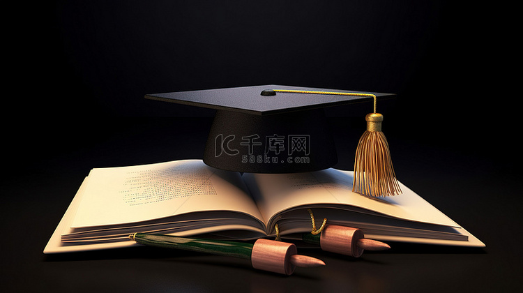 3d 文凭毕业帽和黑板上的书籍
