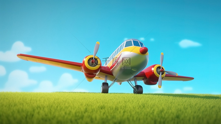 1 3D 渲染卡通飞机在郁郁葱