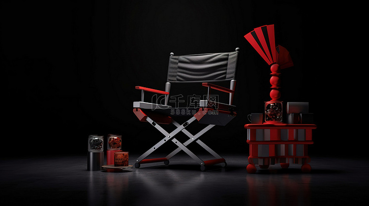 红色导演椅，配有电影拍板和扩音