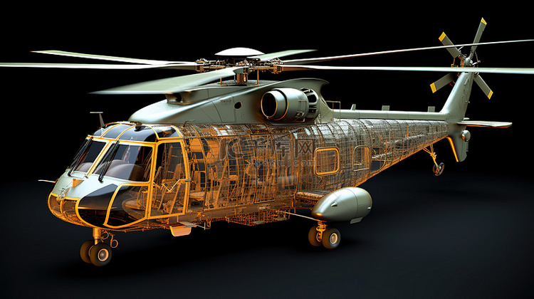 军用直升机机身结构和线框3D模型