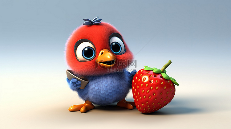 可爱的 3d 鸟，对草莓着迷