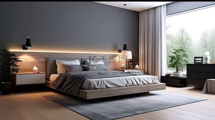 灰色墙壁卧室，配有水平框架模型