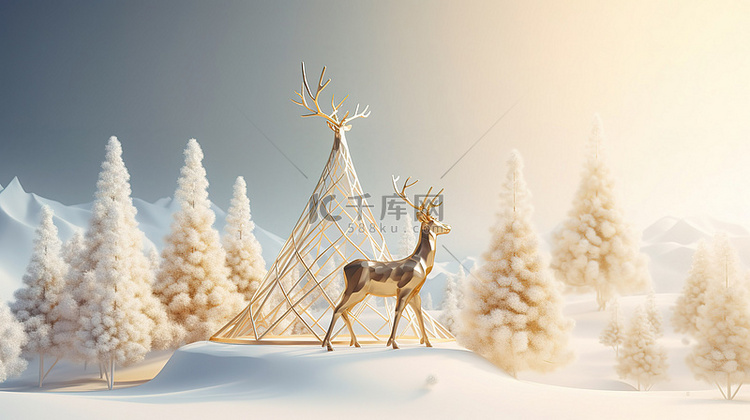 一个模型驯鹿和金色圣诞树在 3
