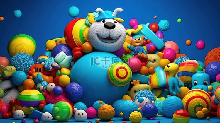 蓝色背景下彩色球体和玩具的 3