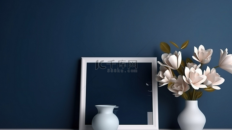 深蓝色背景上的花卉和植物相框模