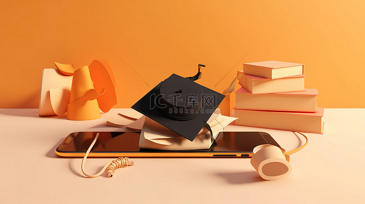 浅橙色背景下毕业帽书籍和手机的