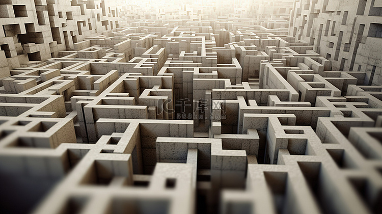 复杂混凝土迷宫的 3d 插图
