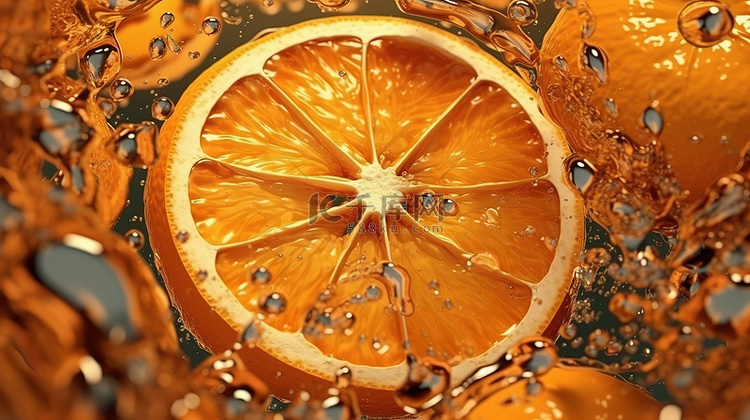 橙子果肉蒸馏并流入果汁的 3d
