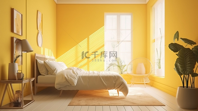 沐浴在自然光中的黄色卧室的简约