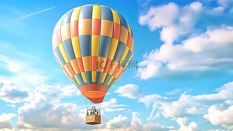 彩色热气球漂浮在数字渲染的蓝天