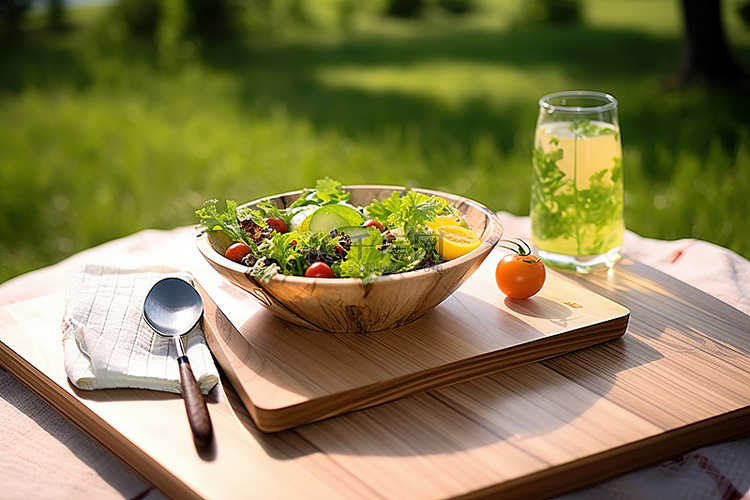 乡村野餐桌上的一碗夏季沙拉