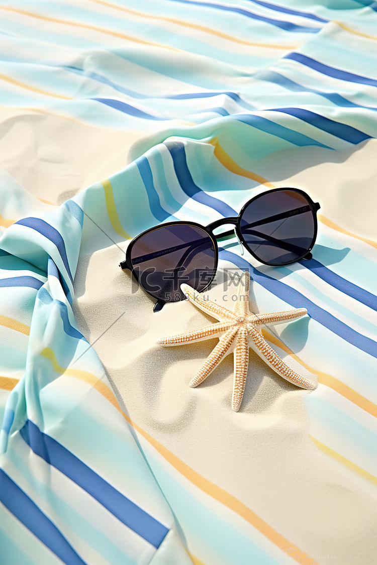 条纹夏天和太阳镜躺在沙滩上
