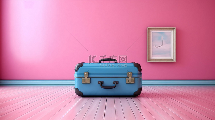 粉红色房间中蓝色手提箱的 3D