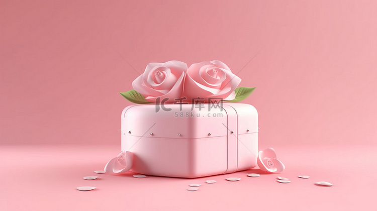 3D 渲染玫瑰和心形礼品盒在柔