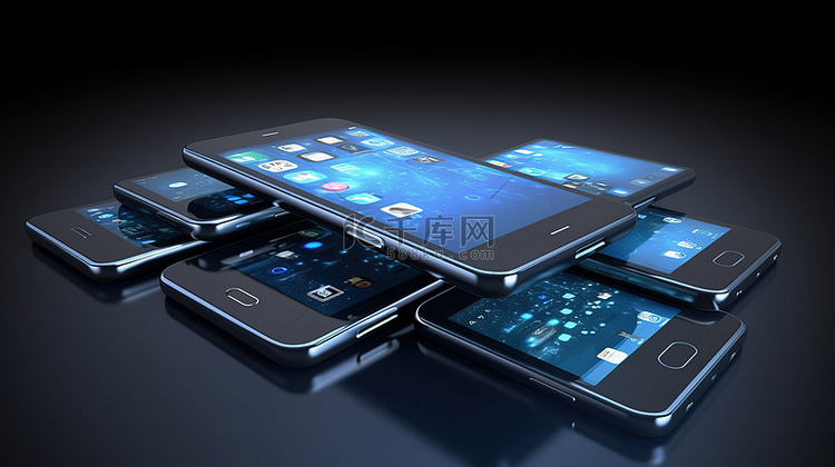 蓝色背景下 3D 智能手机应用