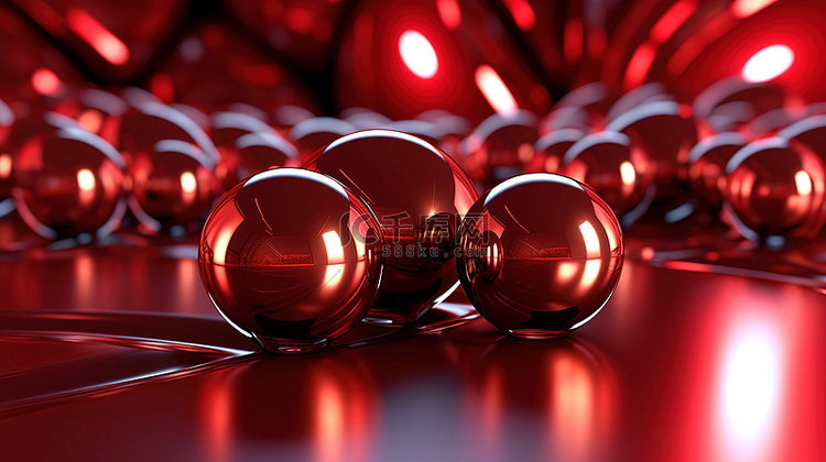 红色金属球中的发光圆圈 3D 渲染