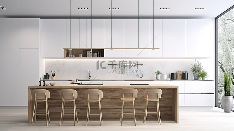 白色 3D 渲染的木质极简主义厨房