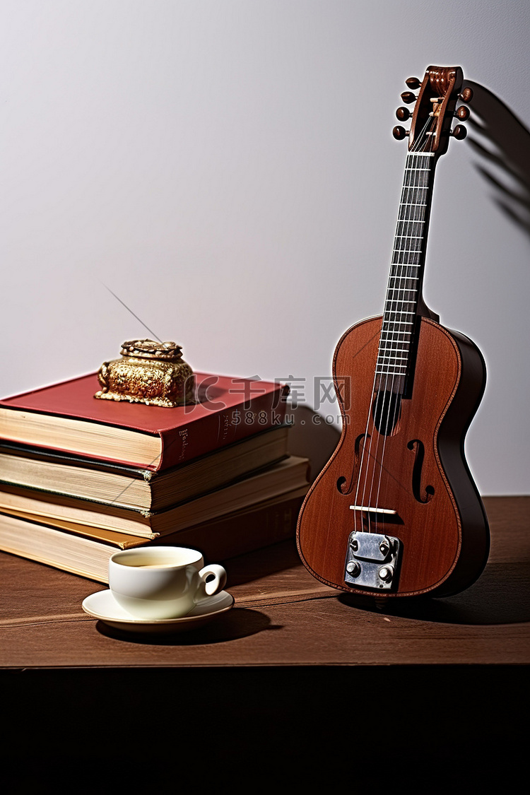 一本书和咖啡旁边的古董乐器