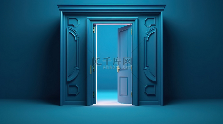 蓝色墙壁上的高分辨率门的 3D