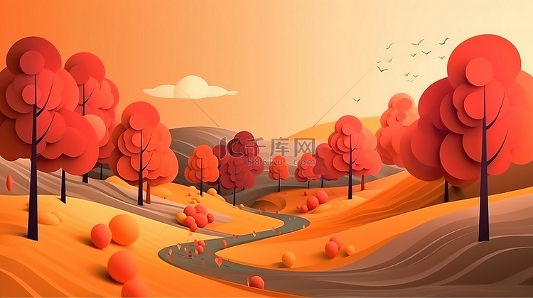 3D 卡通风格秋季景观，背景为
