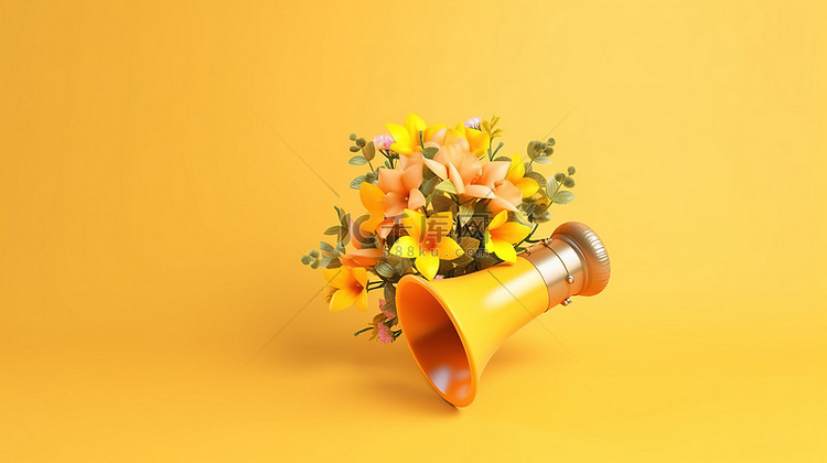 黄色背景的 3D 渲染与花卉扩