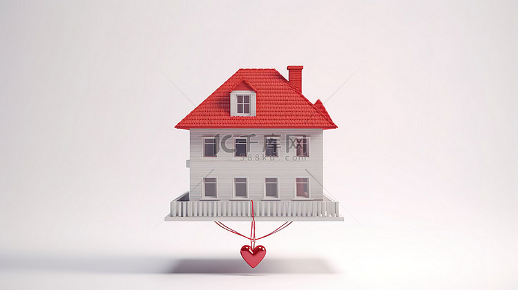 浪漫的房子坐落在白色背景 3D