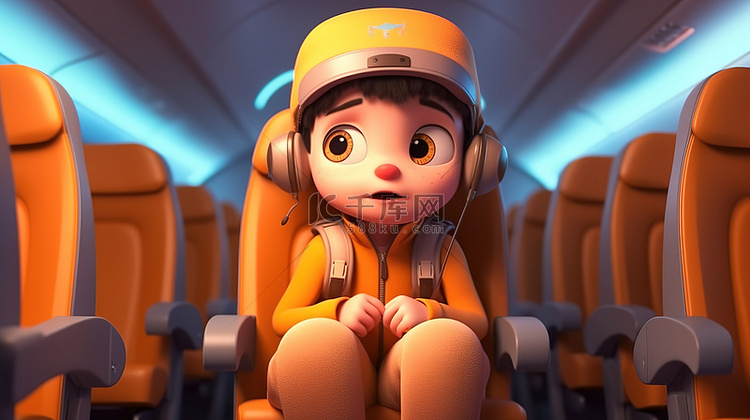 飞机上的孩子的 3d 卡通渲染