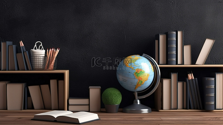 空白黑板上的书籍和世界地球仪 