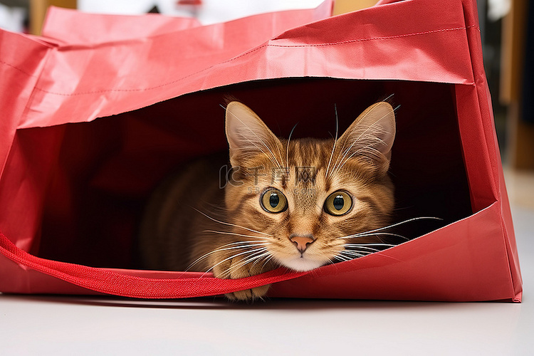 一只棕色的猫躺在红色购物袋里