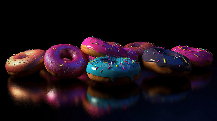 夜间 3D 渲染中充满活力的甜甜圈