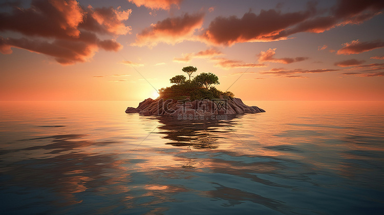 日落地平线是海洋中的 3d 渲染岛