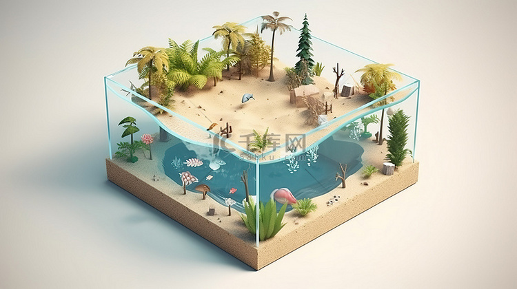 孤立的 3D 立方海滩，有棕榈