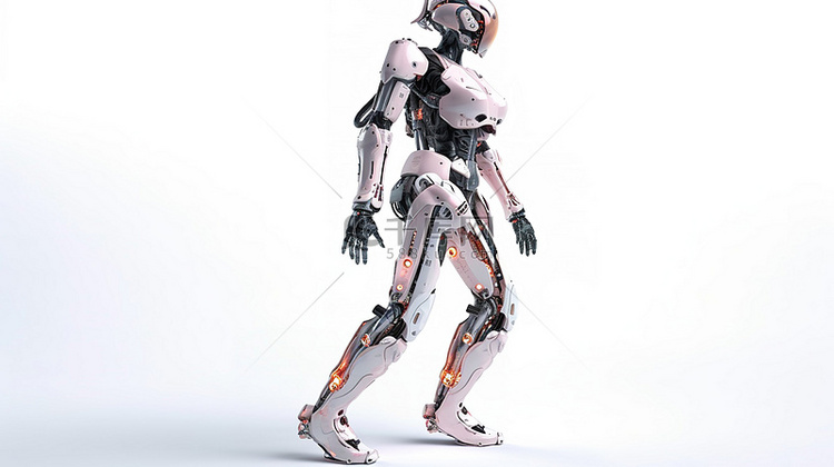 女性机器人或机器人行走的白色背