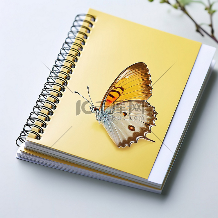 坐在螺旋笔记本顶部的黄色蝴蝶
