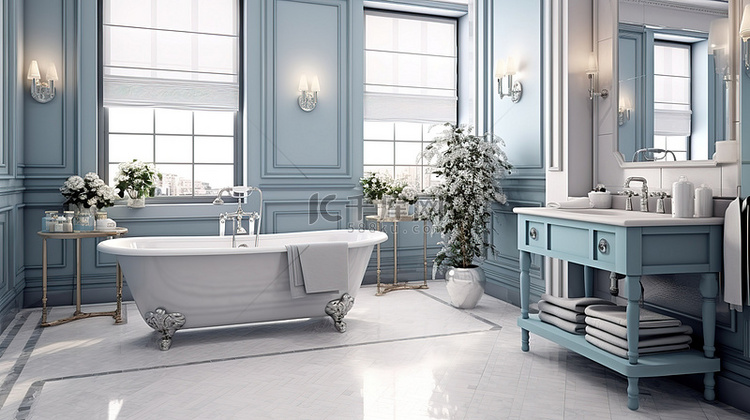 经典浴室中的现代设施 3D 渲