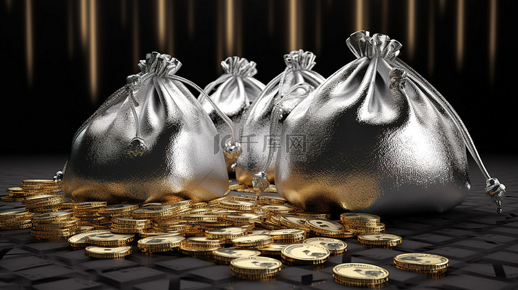 金钱宝藏 3d 渲染闪亮的银袋