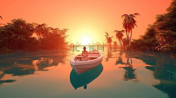 热带日落 3d 女人在船上放松