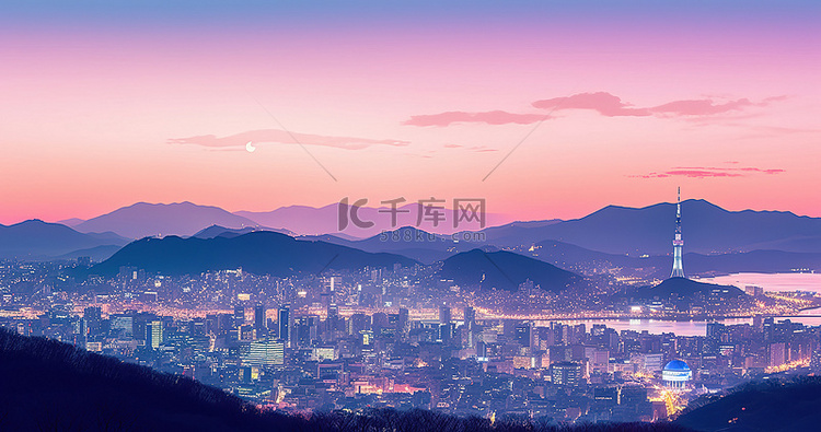 首尔市的日落，背景是山