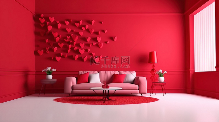 情人节灵感的客厅内部以红色主题