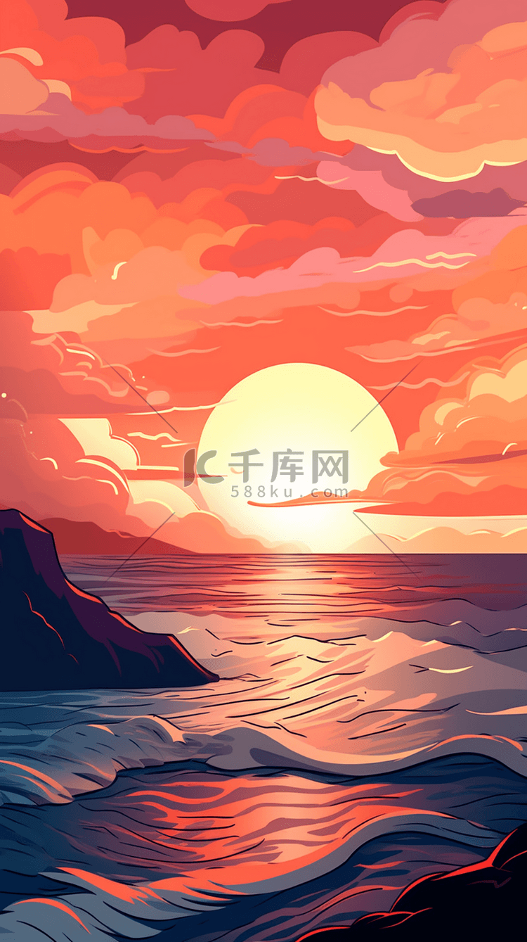 夕阳海水自然风景卡通插画背景