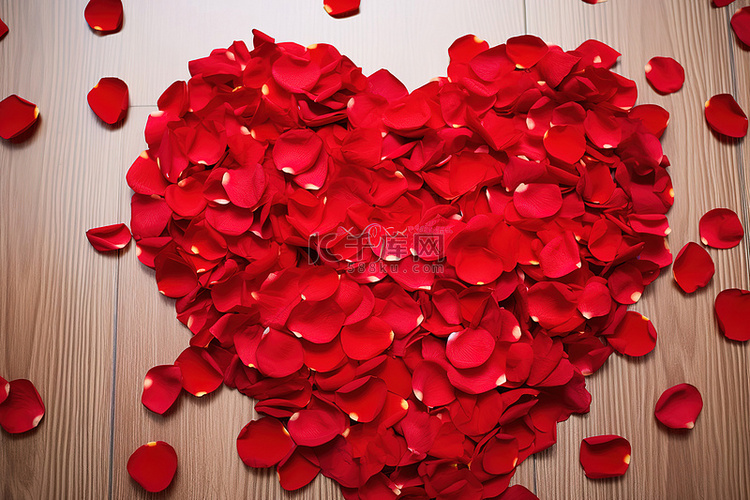 红玫瑰花瓣在地板上形成一颗心