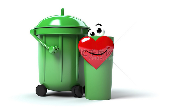 绿色垃圾桶吉祥物的 3D 渲染