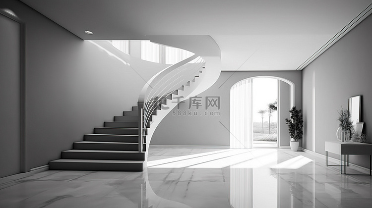 3D 渲染走廊内部的现代楼梯