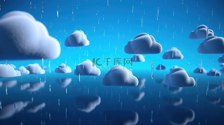 蓝色背景上风格化云和雨的 3d