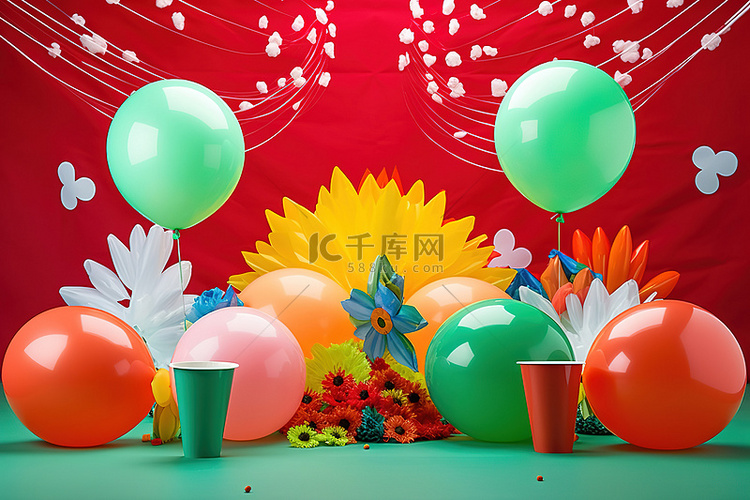 彩色气球彩带和餐桌装饰